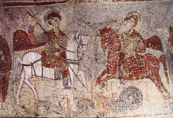 Wall painting of Saints George and Demetrius in the Church of the Serpent, Ilhara Valley, Cappadocia